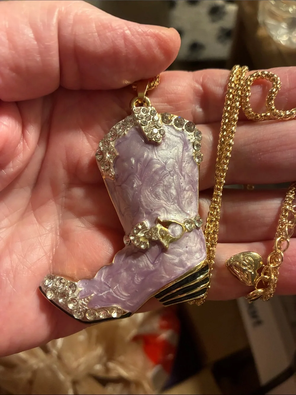 Lavender Cowboy Boot Pendant Necklace - Gold Tone